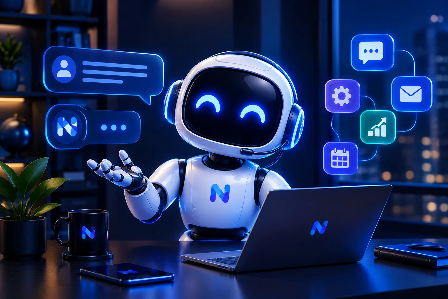 AI assistant with customer chat bubbles and connected app icons