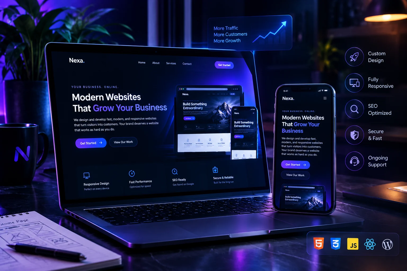 Modern website design shown on a laptop and a phone with feature highlights